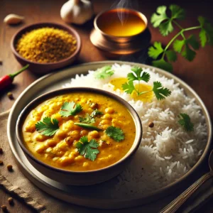A plate of Indian dal rice, showing a serving of yellow lentil curry (dal) with a bowl of fluffy white rice on the side. The dal is garnished with fresh coriander leaves