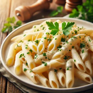 Penne pasta in a creamy white sauce, served on a white plate. The sauce is rich and smooth, generously coating each piece of pasta.