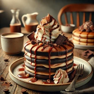A beautifully plated stack of Frappuccino-inspired pancakes for two. The pancakes are chocolate-brown with visible layers, drizzled with chocolate syrup and coffee granules / espresso powder.
