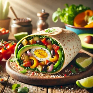 A bright and colorful breakfast burrito placed on a rustic wooden plate, featuring a whole wheat tortilla filled with sautéed veggies like spinach, beetroot, etc.