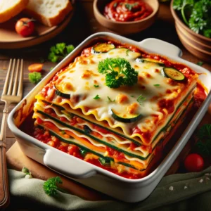 A beautifully plated vegetarian lasagna for two, showing distinct layers of lasagna noodles, creamy ricotta cheese, vibrant marinara sauce with vegetables