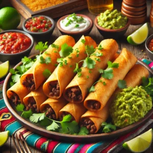 A plate of crispy beef flautas, golden brown and freshly fried, neatly rolled and arranged on a serving platter. Garnished with fresh cilantro.