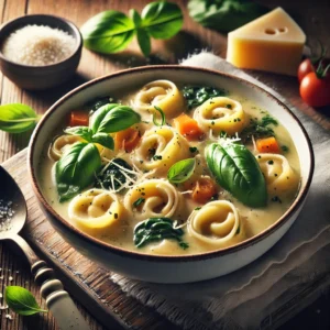 A delicious and creamy tortellini soup served in a white bowl, garnished with fresh basil leaves and a sprinkle of Parmesan cheese.